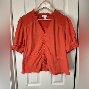 Calligraphie Orange V-Neck Puff Sleeve Ruffle Drawstring  Linen Blend Blouse L